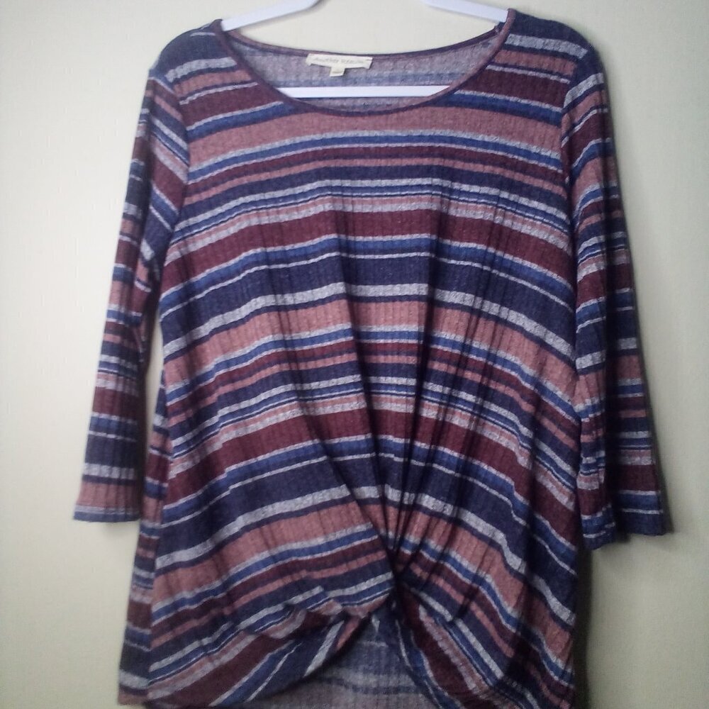 Another Reason Shirt Blouse L 3/4 Sleeve Tie Detail Ribbed Stripe Blue Red